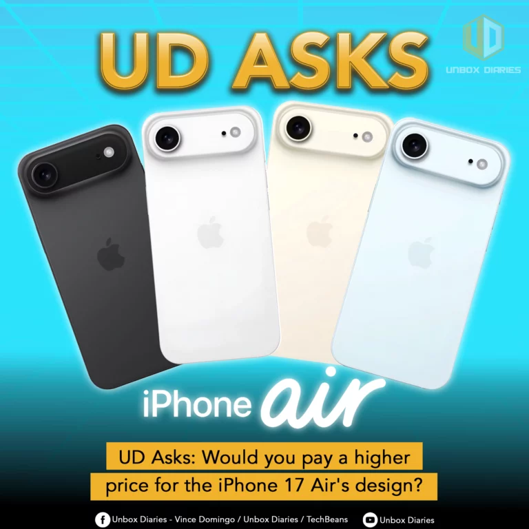 An image discussing the design of the iPhone 17 Air. The image shows four sleek smartphones in a line, with a flat-sided design and a single, large rear camera on each. The phones come in black, white, a creamy off-white, and a light blue. The Apple logo is visible on the back of each device. In the top middle, large, yellow, 3D text reads "UD ASKS." Below the phones, the text "iPhone air" is written in a stylized font. A yellow banner at the bottom of the image asks, "Would you pay a higher price for the iPhone 17 Air's design?" The Unbox Diaries logo is in the top right corner.