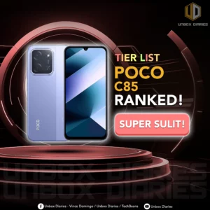 POCO C85. An image promoting a review of the POCO C85. The image shows a light purple POCO C85 smartphone standing upright on a futuristic, tiered platform. The back of the phone is shown with a large, black camera module, and the POCO logo is visible at the bottom. The front of the phone displays a dynamic wallpaper. To the right of the phone, large, white and yellow text reads "TIER LIST POCO C85 RANKED!" Below that, a red button-like shape has the text "SUPER SULIT!," which is Tagalog for "Super worth it!" The Unbox Diaries logo is in the top right corner.