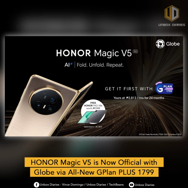 A promotional image for the HONOR Magic V5 5G foldable phone in gold. The phone is partially folded, revealing its circular camera module. The image includes the text "HONOR Magic V5 is Now Official with Globe via All-New GPlan PLUS 1799" and details on pricing and a free HONOR PAD X8a.