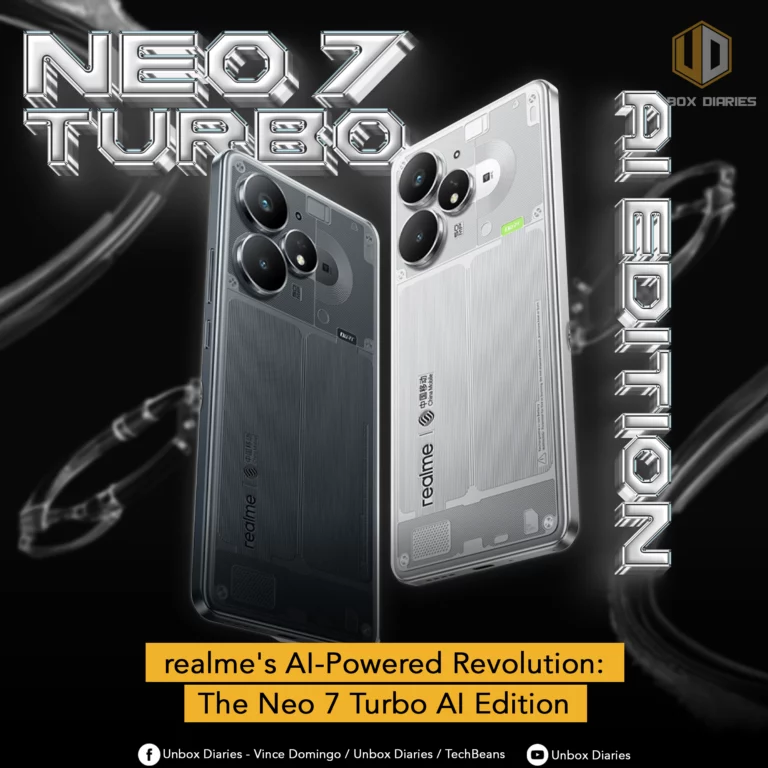 An image showcasing two realme Neo 7 Turbo AI Edition smartphones, one in black and one in white, with a transparent design that reveals internal components. The phones are displayed against a dark, futuristic background with swirling metallic accents. The text "NEO 7 TURBO" is prominently featured in a chrome-like font at the top, and "DI EDITION" is vertically displayed on the right. At the bottom, the text reads "realme's AI-Powered Revolution: The Neo 7 Turbo AI Edition." Social media handles for Unbox Diaries and TechBeans are visible at the very bottom.