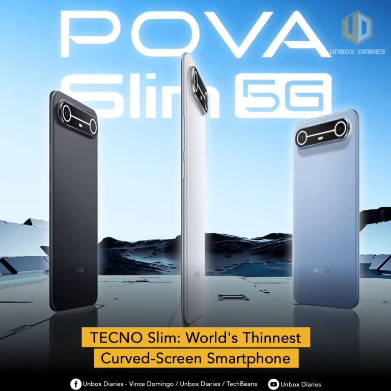 An image showcasing the TECNO POVA Slim 5G smartphone. Three phones are arranged in a row against a light blue sky with abstract, futuristic landscape elements. From left to right, the phones are in black, white (shown in profile to highlight its slimness), and light blue. The camera module on each phone is prominent, featuring two large, circular lenses. The main text "POVA Slim 5G" is in large, bold letters at the top. A yellow banner at the bottom reads "TECNO Slim: World's Thinnest Curved-Screen Smartphone." The Unbox Diaries logo is in the top right corner, and social media handles are listed at the very bottom.