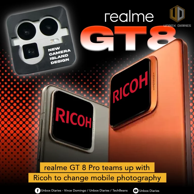 An image promoting the partnership between realme GT 8 Pro and Ricoh. The image features two phones, one in a metallic orange/bronze and another in a silver-gray, both viewed from the back. The camera island on each phone is a prominent, rectangular black module with the word "RICOH" in large, red letters. In the top left corner, a close-up diagram shows the "NEW CAMERA ISLAND DESIGN," which has a two-by-two grid layout for the camera lenses. The main title "realme GT 8" is in a large, bold font. A yellow banner at the bottom reads, "realme GT 8 Pro teams up with Ricoh to change mobile photography." The Unbox Diaries logo is in the top right corner, and social media handles are at the bottom.