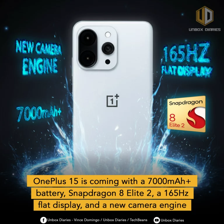 An image teasing the specifications of the upcoming OnePlus 15 smartphone. The central focus is a white phone, viewed from the back, with a distinctive dual-lens camera module. Glowing, neon-blue text surrounds the phone, highlighting its key features: "NEW CAMERA ENGINE," "165Hz FLAT DISPLAY," "7000mAh+," and the Snapdragon 8 Elite 2 chip. A yellow banner at the bottom summarizes the information: "OnePlus 15 is coming with a 7000mAh+ battery, Snapdragon 8 Elite 2, a 165Hz flat display, and a new camera engine." The Unbox Diaries logo is in the top right corner, and social media handles are at the bottom.