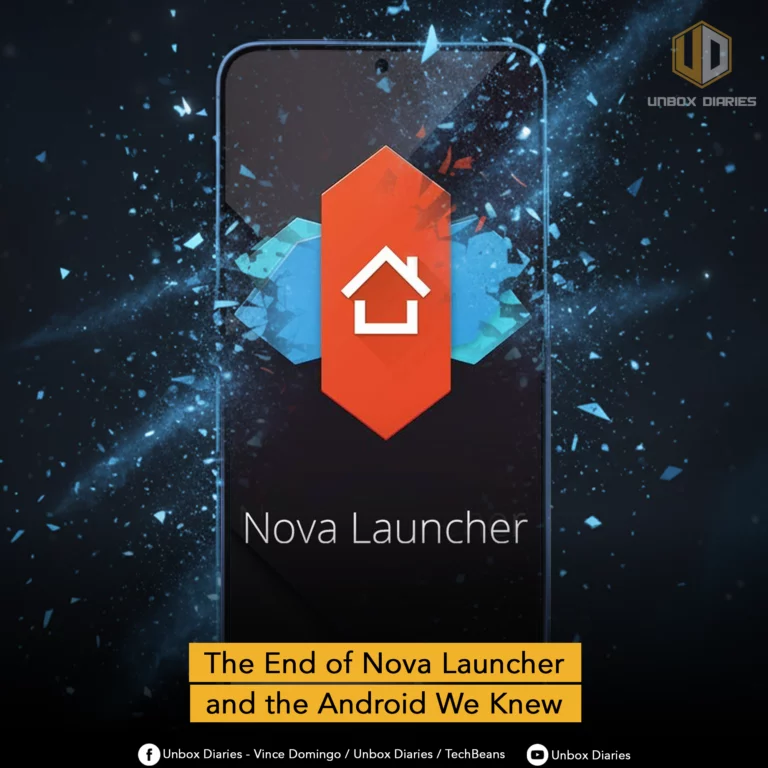 An image related to the end of Nova Launcher. The central focus is a black smartphone with a broken, abstract screen. The app icon for Nova Launcher, a stylized red-orange shield with a white house icon, is in the center of the shattered screen. Light blue fragments and lines of light burst outward from the icon, symbolizing a shattering or breaking apart. The text "Nova Launcher" is below the icon. A yellow banner at the bottom reads, "The End of Nova Launcher and the Android We Knew." The Unbox Diaries logo is in the top right, and social media handles are listed at the very bottom.