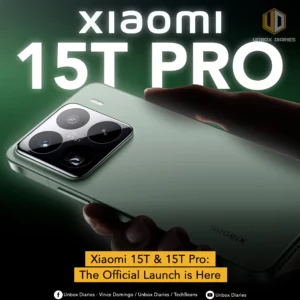 An image promoting the launch of the Xiaomi 15T Pro. The central focus is a person's hand holding the back of a matte green Xiaomi smartphone. The large, square camera module is prominent, with multiple lenses and the "LEICA" branding visible. The back of the phone shows a faint "xiaomi" logo at the bottom. The title "xiaomi 15T PRO" is in large, bold, white letters at the top. A yellow banner at the bottom announces "Xiaomi 15T & 15T Pro: The Official Launch is Here." The Unbox Diaries logo is in the top right corner, and social media handles are listed at the very bottom.