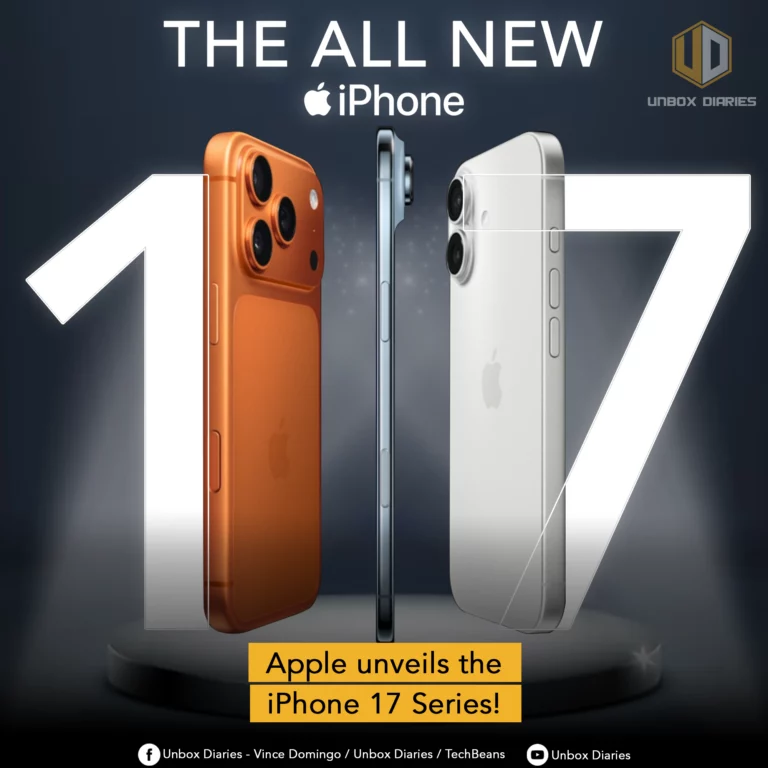 An image announcing the new iPhone 17 Series. Two phones are shown on a circular, futuristic stage against a dark background. On the left is an orange iPhone with three camera lenses, and on the right is a white iPhone, also with three lenses. A third, partially obscured phone is shown in profile between the two, highlighting its thin design. Large, glowing white numbers "1" and "7" frame the phones. The text at the top reads "THE ALL NEW iPhone," and a yellow banner at the bottom says, "Apple unveils the iPhone 17 Series!" The Unbox Diaries logo is in the top right, and social media handles are listed at the very bottom.