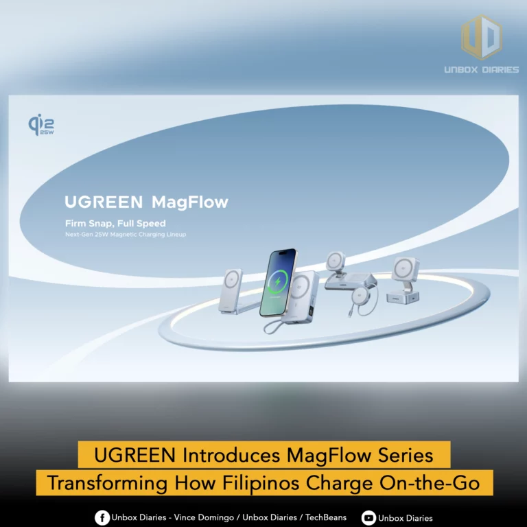 Various white UGREEN MagFlow magnetic charging products including a phone, power banks, and stands, arranged on a curved platform against a light blue background, with text "UGREEN Introduces MagFlow Series Transforming How Filipinos Charge On-the-Go".