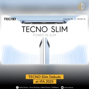 A promotional image for the TECNO SLIM smartphone, featuring the text "TECNO SLIM" and "POWER IN SLIM." The image shows two white smartphones facing each other, reflecting a sleek, minimalist design. The top of the image features the TECNO logo and the phrase "Powered By TECNO AI." Below the main image, a yellow banner reads "TECNO Slim Debuts at IFA 2025."