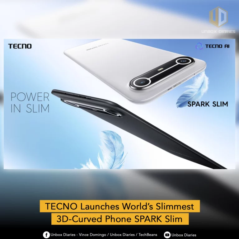 A promotional image showing two TECNO Spark Slim smartphones, one white and one black, positioned against a light blue background with feathers to highlight their lightweight design. The text "POWER IN SLIM," "SPARK SLIM," and "TECNO AI" are visible, along with a yellow banner at the bottom that reads "TECNO Launches World's Slimmest 3D-Curved Phone SPARK Slim."