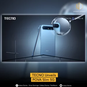 A promotional image for the TECNO POVA Slim 5G smartphone. Two blue phones are shown in a sleek, lab-like setting with a magnifying glass hovering over the camera module. A yellow banner at the bottom reads "TECNO Unveils POVA Slim 5G," and the top right includes the text "Powered By TECNO AI."