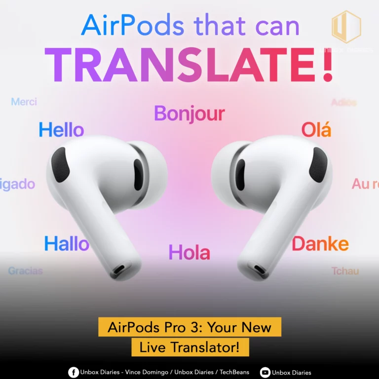 An image promoting the live translation feature of the AirPods Pro 3. The image features two earbuds floating in a cloud of pink and blue light, with words in various languages like "Hello," "Bonjour," "Hola," and "Danke" scattered around them. The main headline reads "AirPods that can TRANSLATE!", and a yellow banner at the bottom states, "AirPods Pro 3: Your New Live Translator!". The Unbox Diaries logo is in the top right corner, and social media handles are listed at the bottom.