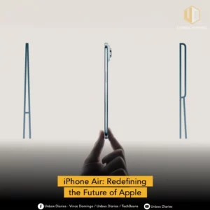 An iPhone Air is held by fingertips, showcasing its incredibly slim profile. The device is flanked by two abstract, A-frame-like structures that emphasize its sleek design. The background is a soft, gradient white, creating a minimalist and futuristic aesthetic. The text overlay reads, "iPhone Air: Redefining the Future of Apple."