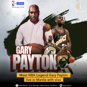 A promotional poster for a vivo event featuring NBA legend Gary Payton. The image shows a large portrait of him in a white hoodie, along with smaller images of him in his Seattle SuperSonics uniform, holding and dribbling a basketball. A yellow banner at the bottom reads "Meet NBA Legend Gary Payton live in Manila with vivo."