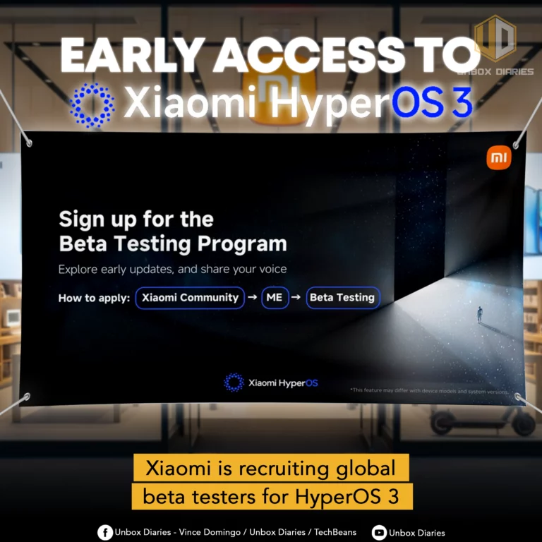 An advertisement banner hanging inside a store, promoting "Early Access to Xiaomi HyperOS 3." The banner shows a starry, cosmic background and a silhouette of a person standing on a path. Large text on the banner reads, "Sign up for the Beta Testing Program" and provides instructions on how to apply: "How to apply: Xiaomi Community → ME → Beta Testing." A yellow banner at the bottom of the image states, "Xiaomi is recruiting global beta testers for HyperOS 3."