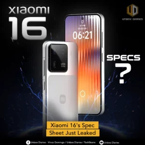 An image showing two smartphones, presumably the Xiaomi 16. The phone on the left is shown from the back, highlighting a large, square camera module with the "LEICA" branding and a shiny, metallic finish on the bottom half. The phone on the right is shown from the front, displaying its screen with a clock widget and a colorful, abstract wallpaper. The text "Xiaomi 16" is at the top left, and "SPECS ?" is on the right. A yellow banner at the bottom reads, "Xiaomi 16's Spec Sheet Just Leaked."