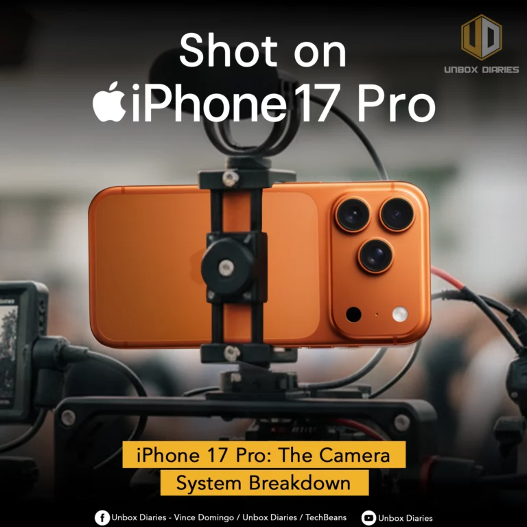An orange-colored iPhone 17 Pro is mounted on a professional camera rig, with a microphone and other accessories attached. The phone's three large camera lenses are clearly visible on the back. Large white text at the top of the image reads, "Shot on iPhone 17 Pro." A yellow banner at the bottom says, "iPhone 17 Pro: The Camera System Breakdown." The image is focused on the phone, while the background of what appears to be a film set is blurred.