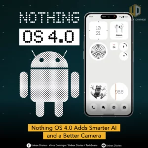 An image advertising Nothing OS 4.0. The image features a white smartphone on the right, displaying its home screen with a clock widget, a connected AirPods widget, and a unique, dot-matrix style icon of a frog. A large, dot-matrix representation of the Android mascot is on the left, next to the text "NOTHING OS 4.0," also in a dot-matrix style. A yellow banner at the bottom of the image reads, "Nothing OS 4.0 Adds Smarter AI and a Better Camera."