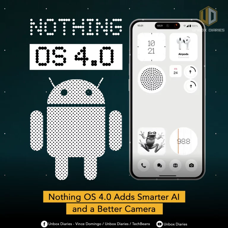 An image advertising Nothing OS 4.0. The image features a white smartphone on the right, displaying its home screen with a clock widget, a connected AirPods widget, and a unique, dot-matrix style icon of a frog. A large, dot-matrix representation of the Android mascot is on the left, next to the text "NOTHING OS 4.0," also in a dot-matrix style. A yellow banner at the bottom of the image reads, "Nothing OS 4.0 Adds Smarter AI and a Better Camera."