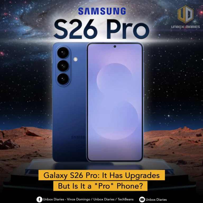 An advertisement for the Samsung S26 Pro smartphone. The image shows the phone in a blue color, with its front and back displayed simultaneously on a futuristic, elevated platform. The phone's three vertical camera lenses are visible on the back. The background is a cosmic scene with a starry sky and a galaxy, and the foreground is a rocky, red planet-like surface. Large white text in the center reads, "SAMSUNG S26 Pro." A yellow banner at the bottom asks, "Galaxy S26 Pro: It Has Upgrades But Is It a 'Pro' Phone?"