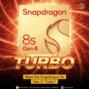 An ad for a new processor, the Snapdragon 8s Gen 4 "Turbo." A large, golden-colored chipset is featured in the center with the "Snapdragon" logo, the number "8s," and the text "Gen 4" prominently displayed. The word "TURBO" is in large, golden, metallic-looking letters below the chip. The background is a vibrant, reddish-orange with streaks of light, giving a sense of speed and power. A yellow banner at the bottom reads, "Meet the Snapdragon 8s Gen 4 'Turbo'."