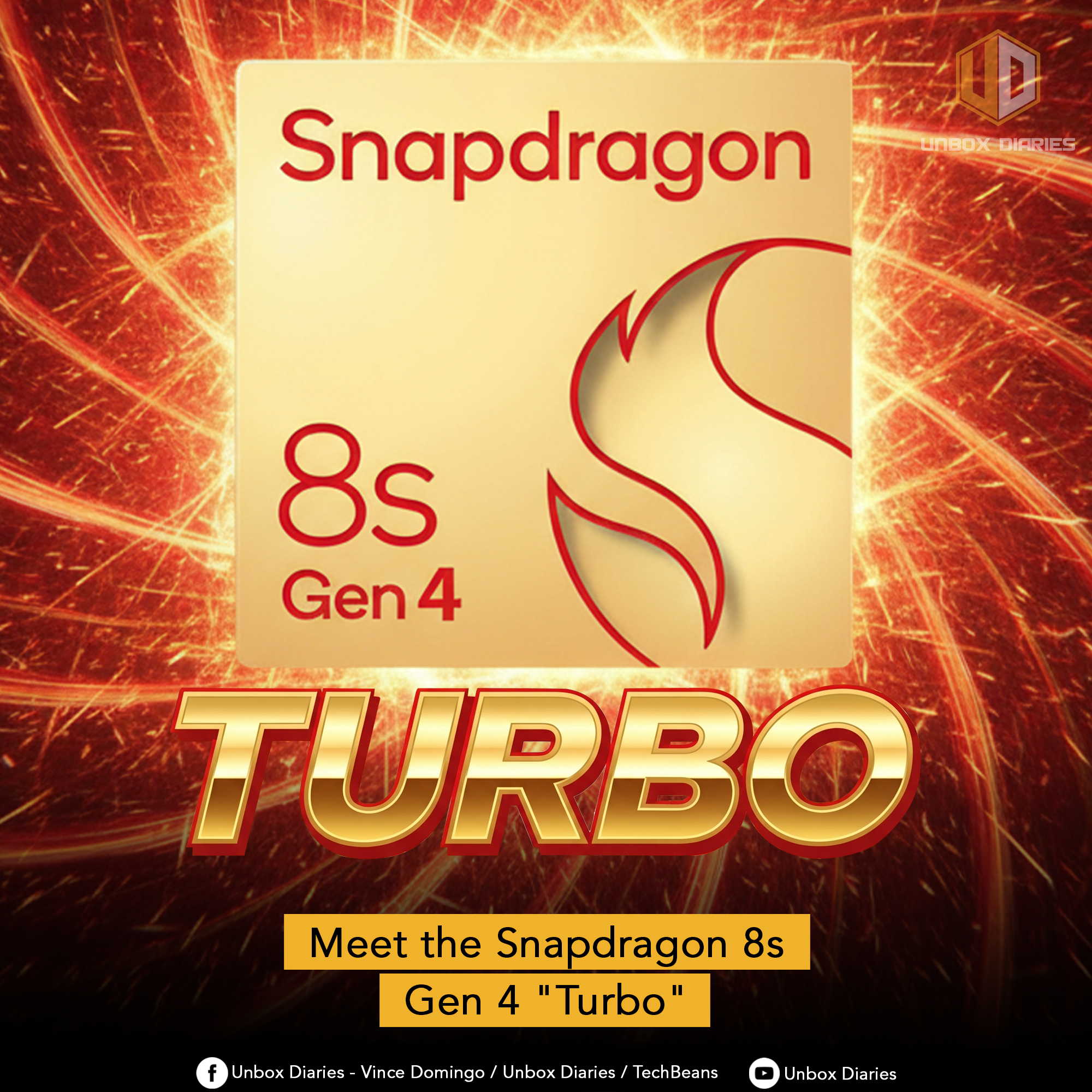 An ad for a new processor, the Snapdragon 8s Gen 4 "Turbo." A large, golden-colored chipset is featured in the center with the "Snapdragon" logo, the number "8s," and the text "Gen 4" prominently displayed. The word "TURBO" is in large, golden, metallic-looking letters below the chip. The background is a vibrant, reddish-orange with streaks of light, giving a sense of speed and power. A yellow banner at the bottom reads, "Meet the Snapdragon 8s Gen 4 'Turbo'."