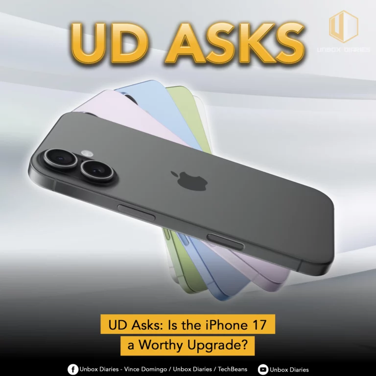 iPhone 17. An image presenting a question about the iPhone 17. The image shows a stack of what appear to be iPhone 17 models in various colors: black, pale pink, light blue, and mint green. The phones are arranged in a fan-like display, with the black model at the forefront. The text at the top reads, "UD ASKS," and a yellow banner at the bottom poses the question, "UD Asks: Is the iPhone 17 a Worthy Upgrade?"