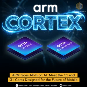 An advertisement for ARM Cortex processors. The image features two glowing, stylized processor chips labeled "arm C1-Ultra" and "arm C1-Premium," seemingly floating in a dark, high-tech environment. Above the chips, the words "arm CORTEX" are in large, glowing, blue letters surrounded by streaks of lightning. A yellow banner at the bottom reads, "ARM Goes All-In on AI: Meet the C1 and G1 Cores Designed for the Future of Mobile."