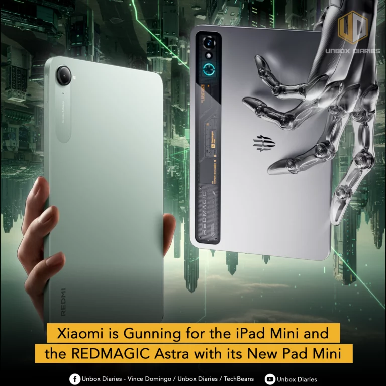 A promotional image showing the new Xiaomi Pad Mini and the REDMAGIC Astra tablet side-by-side, with a robotic arm holding the REDMAGIC Astra and the title 'Xiaomi is Gunning for the iPad Mini and the REDMAGIC Astra with its New Pad Mini' at the bottom.