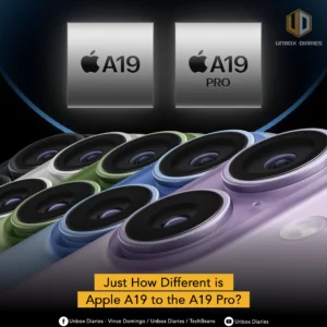 An image comparing two Apple processors, the A19 and the A19 Pro. At the top, two silver square chips with the Apple logo and the respective names are shown. Below them is a close-up, low-angle shot of a row of what appear to be smartphone camera lenses, with each phone in a different color: black, white, green, blue, and purple. A yellow banner at the bottom asks, "Just How Different is Apple A19 to the A19 Pro?"