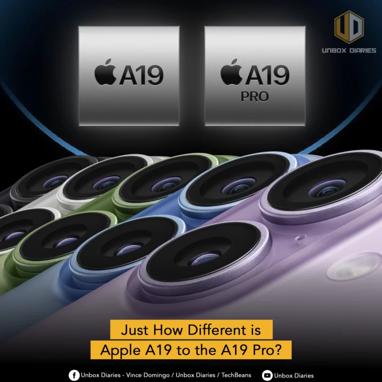 An image comparing two Apple processors, the A19 and the A19 Pro. At the top, two silver square chips with the Apple logo and the respective names are shown. Below them is a close-up, low-angle shot of a row of what appear to be smartphone camera lenses, with each phone in a different color: black, white, green, blue, and purple. A yellow banner at the bottom asks, "Just How Different is Apple A19 to the A19 Pro?"