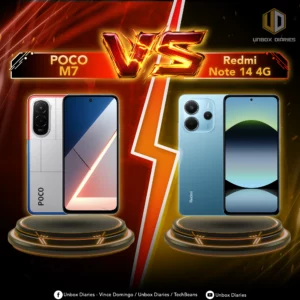 POCO M7 vs. Redmi Note 14 4G An image comparing two smartphones, the POCO M7 and the Redmi Note 14 4G. The image is divided down the middle by a diagonal red and orange lightning bolt, with "VS" in metallic 3D letters at the top. On the left, a POCO M7 is shown with a white and blue back and a red stripe, standing upright on a metallic platform. On the right, a black Redmi Note 14 4G is shown with its back facing forward, also on a platform. The Unbox Diaries logo is in the top right corner.