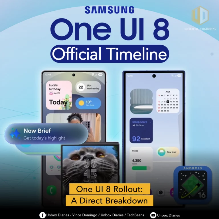 An advertisement for Samsung's One UI 8 software update. The image displays two smartphones side-by-side, showcasing new interface features. The left phone's screen shows a calendar, weather widget, a "Now Brief" notification, and a large, stylized clock widget with a cat image. The right phone's screen shows a calendar, a sleep score, and a steps tracker widget. An icon for "Android 16" is in the bottom right corner. Large text at the top reads, "SAMSUNG One UI 8 Official Timeline." A yellow banner at the bottom states, "One UI 8 Rollout: A Direct Breakdown."