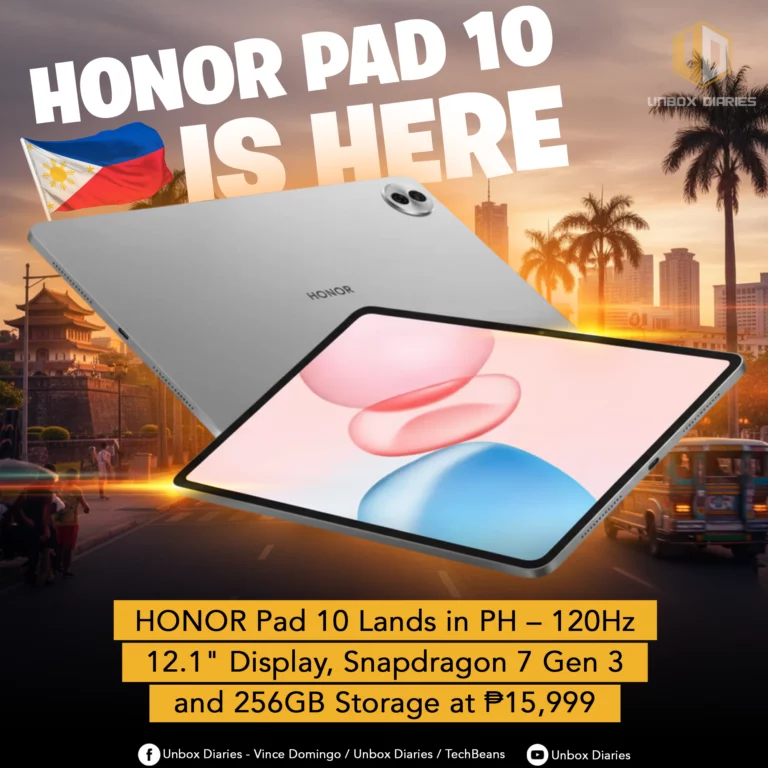 An image advertising the launch of the HONOR Pad 10 in the Philippines. The tablet is shown in a white or silver color, with one unit face-down and another face-up to display its screen with a pastel pink and blue wallpaper. The background is a digital illustration of a city street at sunset, featuring a Philippine flag, palm trees, and a traditional jeepney. Large, bold white text at the top reads, "HONOR PAD 10 IS HERE." A yellow banner at the bottom provides key specifications: "HONOR Pad 10 Lands in PH – 120Hz 12.1" Display, Snapdragon 7 Gen 3 and 256GB Storage at ₱15,999."