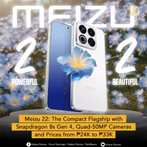 An image promoting the Meizu 22 smartphone. The phone is featured in a white color, with its front and back displayed on a platform, surrounded by a field of small blue flowers. An abstract, glowing blue flower design appears on the screen of the phone. Large, white numbers "2" are on either side of the device, with the text "POWERFUL" and "BEAUTIFUL" below them. A yellow banner at the bottom provides key specifications and pricing: "Meizu 22: The Compact Flagship with Snapdragon 8s Gen 4, Quad-50MP Cameras and Prices from ₱24K to ₱33K."