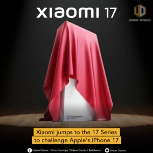 An image showing an object, likely a smartphone, covered by a red satin cloth, standing on a wooden stage. The shape underneath the cloth suggests a rectangular device. The object has a small "Xiaomi HyperOS" logo visible at the bottom. The text "Xiaomi 17" is at the top of the image. A yellow banner at the bottom reads, "Xiaomi jumps to the 17 Series to challenge Apple's iPhone 17."
