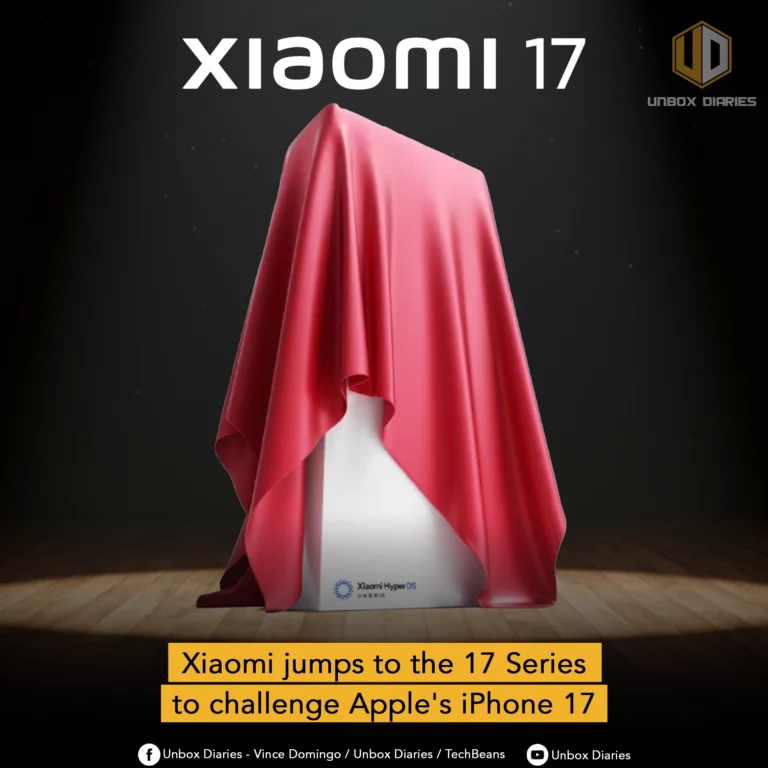 An image showing an object, likely a smartphone, covered by a red satin cloth, standing on a wooden stage. The shape underneath the cloth suggests a rectangular device. The object has a small "Xiaomi HyperOS" logo visible at the bottom. The text "Xiaomi 17" is at the top of the image. A yellow banner at the bottom reads, "Xiaomi jumps to the 17 Series to challenge Apple's iPhone 17."