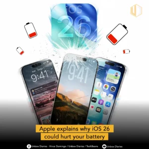 An image with three iPhones showing different user interfaces, presumably running iOS 26. The phone on the left has a lock screen with a photo wallpaper and notifications. The middle phone shows a bright, scenic wallpaper and is depicted as "breaking" or "cracking" with light streaks, suggesting a performance impact. The phone on the right displays the home screen with app icons. Floating above the phones is a stylized logo for "iOS 26." Small, icon-like, low-battery symbols are scattered around the devices. A yellow banner at the bottom of the image reads, "Apple explains why iOS 26 could hurt your battery."