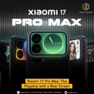 An advertisement for the Xiaomi 17 Pro Max smartphone. The image shows four different versions of the phone, with the main focus on the center one. The phone has a distinctive rear screen built into the camera module area, which is shown displaying different things on each phone: a large analog clock on the main phone, a social media post, a contact photo, and a digital calendar. The main device is a black or dark-colored phone with a subtle circular pattern on the back. The text "Xiaomi 17 PRO MAX" is at the top. A yellow banner at the bottom reads, "Xiaomi 17 Pro Max: The Flagship with a Rear Screen."