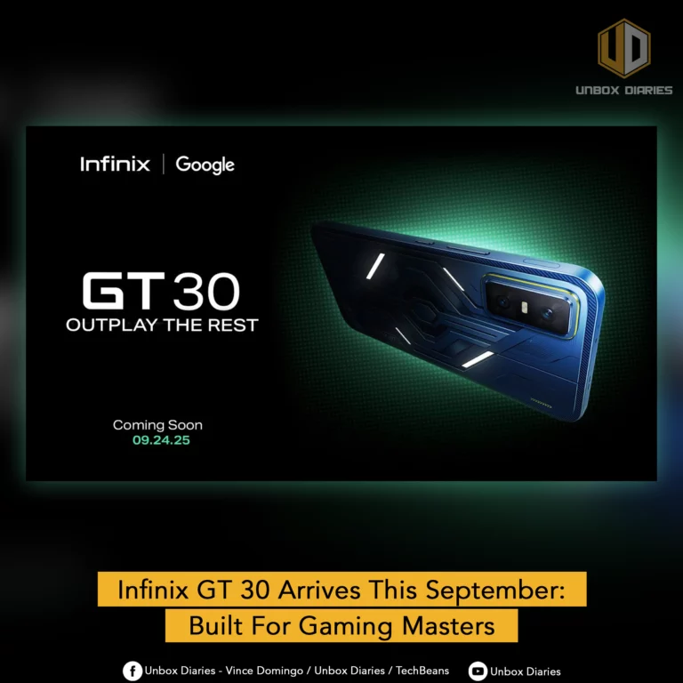 A teaser image for the Infinix GT 30 gaming phone, showing its blue back panel with futuristic light lines and the text "GT 30 - Outplay the Rest.