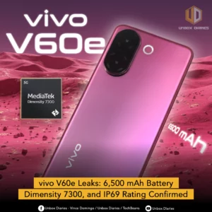 An advertisement for the leaked specifications of the Vivo V60e. The image features a large, reflective purple or pink-colored smartphone with a distinctive oval-shaped camera module. A small black processor chip with the "MediaTek Dimensity 7300" branding is shown floating to the left of the phone. The text "6500 mAh" is written to the right of the phone, and "vivo V60e" is in large, bold, white letters at the top left. The background is a digital rendering of a reddish, cratered landscape. A yellow banner at the bottom reads, "vivo V60e Leaks: 6,500 mAh Battery Dimensity 7300, and IP69 Rating Confirmed."