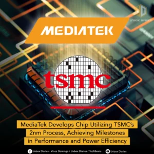 A digital graphic for Unbox Diaries with the MediaTek logo and the TSMC logo on a stylized microchip. The headline says "MediaTek Develops Chip Utilizing TSMC's 2nm Process, Achieving Milestones in Performance and Power Efficiency.