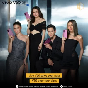 A promotional photo showing four brand ambassadors posing with the new purple vivo V60 5G smartphone. The graphic includes a text overlay stating that vivo V60 sales have surpassed the V50 in four days.