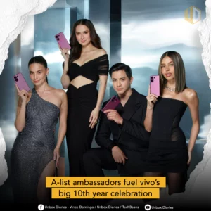 A promotional photo for vivo's 10th anniversary, featuring four A-list brand ambassadors posing with the purple vivo V60 smartphone. A text banner on the graphic reads: "A-list ambassadors fuel vivo's big 10th year celebration."