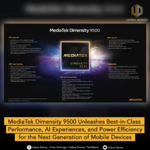 A detailed infographic highlighting the technical specifications of the MediaTek Dimensity 9500 processor. The document is divided into sections covering key features like CPU performance, GPU and gaming enhancements, AI capabilities, multimedia features with 4K 60fps cinematic video, and advanced 5G and Wi-Fi connectivity.