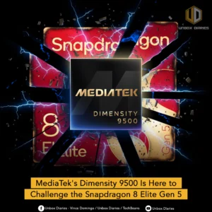An advertisement for the new MediaTek Dimensity 9500 processor. A glowing blue chip with the "MediaTek DIMENSITY 9500" branding is positioned in the center, seemingly challenging a glowing red "Snapdragon 8 Elite Gen 5" chip. The background is dark, with blue and red lightning streaks separating the two processors. The text at the top reads, "MediaTek's Dimensity 9500 Is Here to Challenge the Snapdragon 8 Elite Gen 5."