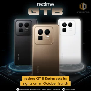 Realme GT 8 Series smartphones in black, gold, and white, featuring a bold square camera module with triple lenses. Promotional banner text reads: “realme GT 8 Series sets its sights on an October launch,” highlighting the upcoming release.