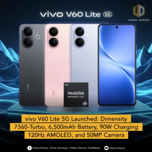 An advertisement for the new Vivo V60 Lite 5G smartphone. The image features three phones in different colors—dark gray, pink, and light gray/blue—arranged side-by-side, with a fourth phone showing its screen. All four phones have a prominent, round camera module with two large lenses. A small black chip with the "MediaTek Dimensity 7360" branding is placed in the foreground. A yellow banner at the bottom provides a summary of its key specifications: "vivo V60 Lite 5G Launched: Dimensity 7360-Turbo, 6,500mAh Battery, 90W Charging 120Hz AMOLED, and 50MP Camera."