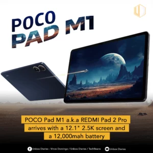 An advertisement for the POCO Pad M1, also known as the Redmi Pad 2 Pro. The image features two tablets: one shown from the back in a dark blue color, and another face-up, displaying a science fiction-themed wallpaper with a planet and a spaceship over a rocky landscape. The large, stylized text "POCO PAD M1" is at the top. A yellow banner at the bottom provides key specifications: "POCO Pad M1 a.k.a REDMI Pad 2 Pro arrives with a 12.1" 2.5K screen and a 12,000mah battery."