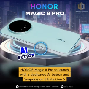 An advertisement for the new HONOR Magic 8 Pro smartphone. The image features a light blue phone with a large, black circular camera module, resting on a glowing, futuristic platform. A small button on the side of the phone is highlighted with a blue circle and the text "AI BUTTON." The background is a blurred, neon-lit cityscape. A yellow banner at the bottom reads, "HONOR Magic 8 Pro to launch with a dedicated AI button and Snapdragon 8 Elite Gen 5."