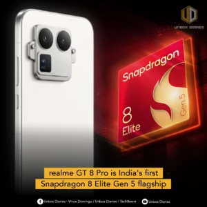 An advertisement announcing the realme GT 8 Pro as India's first Snapdragon 8 Elite Gen 5 flagship. The image features a close-up of the upper back portion of a silver smartphone, showcasing its unique rectangular camera module with two large lenses and a smaller sensor. To the right of the phone, a glowing red and gold Snapdragon 8 Elite Gen 5 processor chip is prominently displayed. A yellow banner at the bottom confirms, "realme GT 8 Pro is India's first Snapdragon 8 Elite Gen 5 flagship."